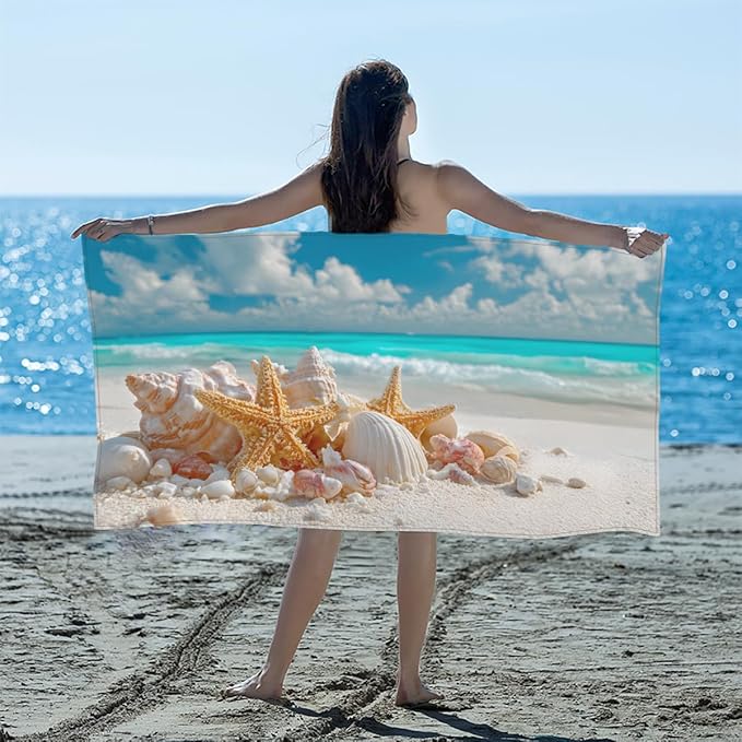 Blue Sky Seaside Shells Beach Towel, Large Microfiber Quick Dry Lightweight Pool Bath Towels Sand Free Beach Blanket for Summer Cruise Yoga Camping Travel Vacation Essentials 31 x 61 in