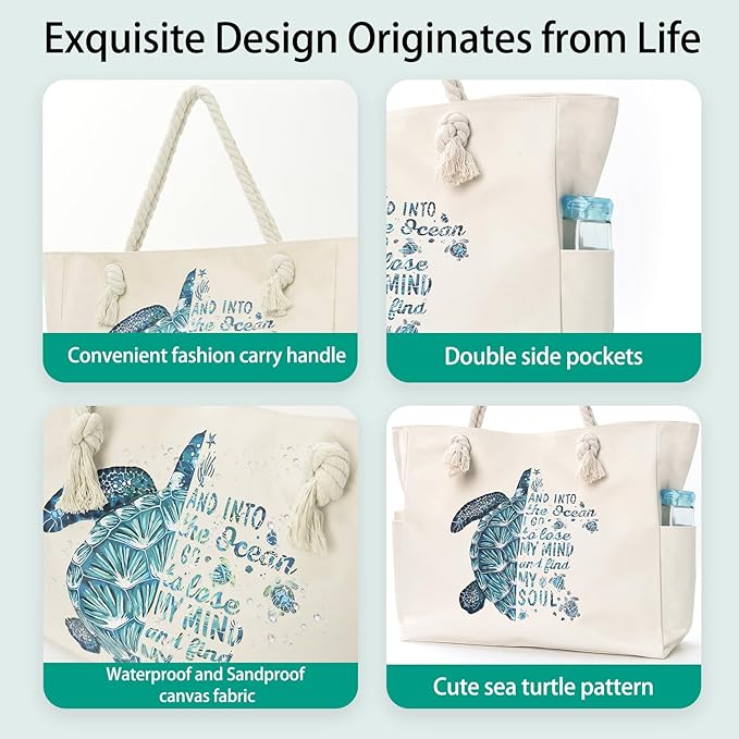 Beach Bags for Women Large Waterproof Beach Travel Tote Bags Sandproof Swim Pool Bag Canvas Zipper Big Tote