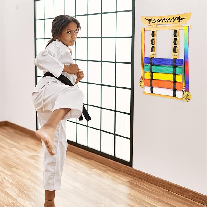 Tilhumt 8 Belt Karate Belt Display Rack with Medal Hanger and Stickers, Taekwondo Belt Display Holder, Martial Arts Belt Display Organizer for Adults, No Assembly Required (Bamboo/Acrylic)