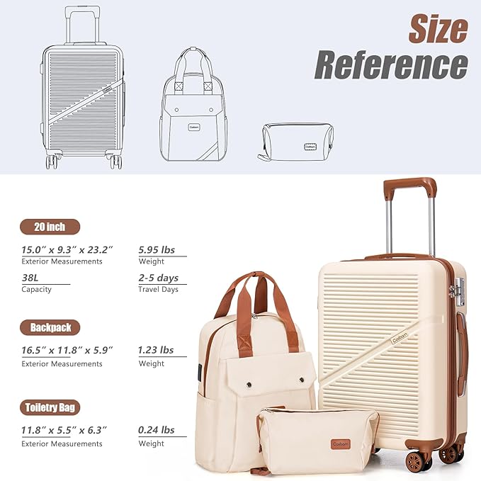 3-Piece Carry On Luggage Set 22x14x9 Airline Approved, 20 Inch Lightweight ABS Suitcases with Wheels and TSA Lock - Durable Waterproof Travel Suitcase Set