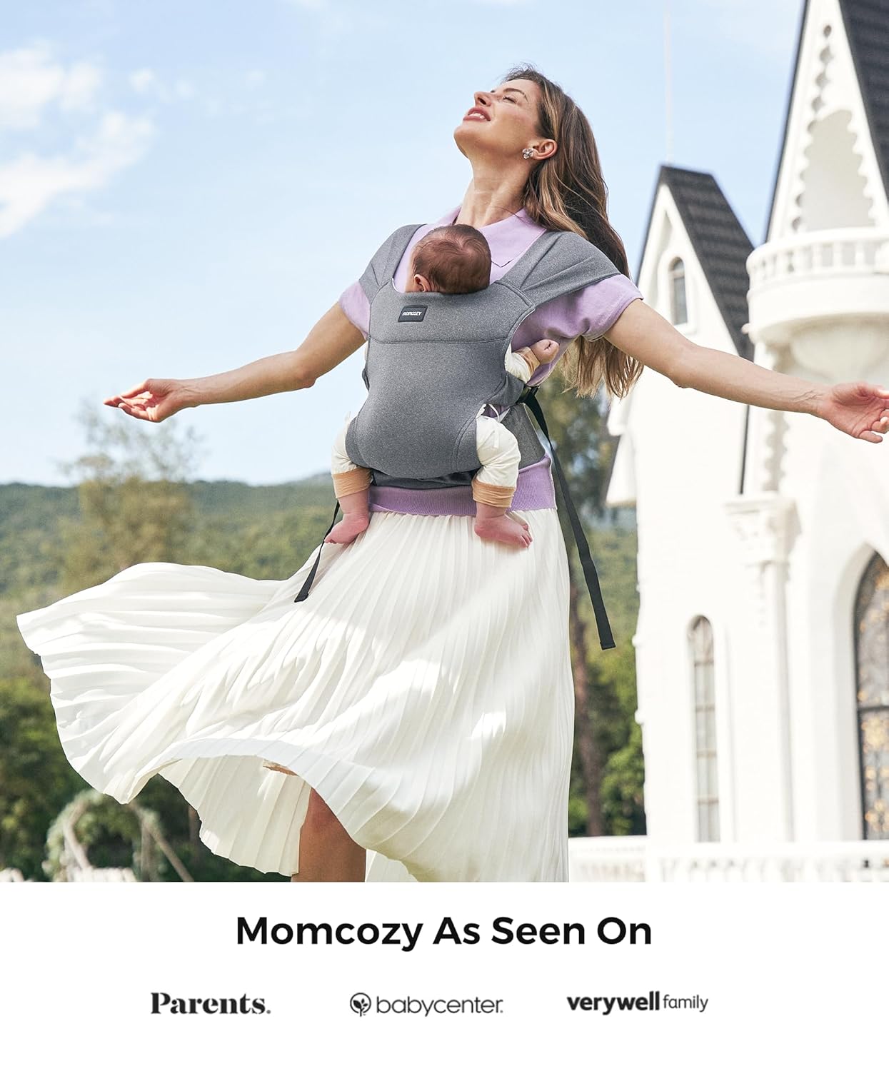 Momcozy Portable Baby Carrier – Compact & Lightweight, Adjustable for Travel, Fold & Go Convenient Storage Hip Pouch, Wide Shoulder Straps, Soft Skin-Friendly Fabric, for Babies 12–35 lbs (Grey)