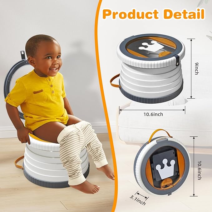 Portable Potty Chair for Toddlers with Splash-Proof Design, Foldable Travel Potty with Bag & 30 Refills - Kids Toilet for Car, Camping, Indoor - Easy Clean Baby Potty Training Seat (Transparent-Gray)