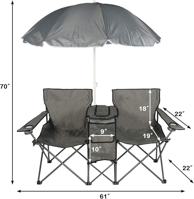 YILI Double Folding Camping Chairs, Portable Camping Chairs w/Removable Umbrella Mini Table Cooler Bag, Outdoor Picnic Double Folding loveseat Camp Chairs for Beach Patio Pool Park (Grey)