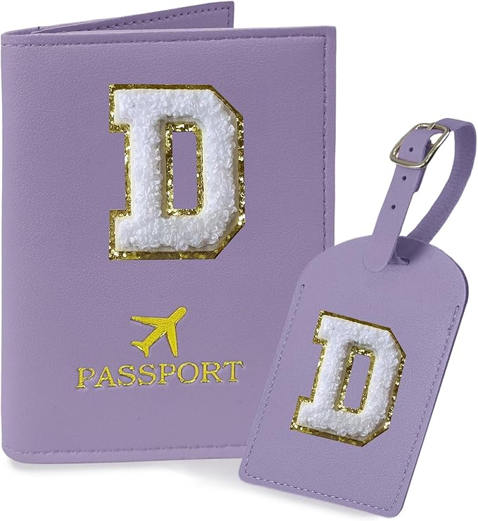 COSHAYSOO Purple Initial Passport Cover and Luggage Tag Set TSA Approved with Chenille Letter Patch for Women Teenage Girls, Family Travel Passport Holder Bag Suitcase Cruise Ships Identifier(D)