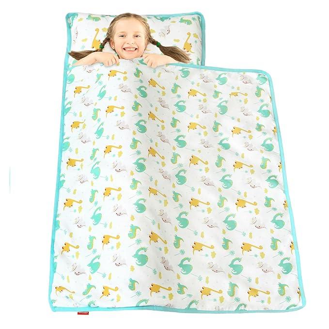 Moonsea Nap Mat with Pillow for Toddlers Dinosaur and Fleece Minky Blanket, Lightweight Perfect for Toddlers Preschool, Daycare, Travel Sleeping Bag Boys Girls, 21" x 50" Fit on a Standard Cot