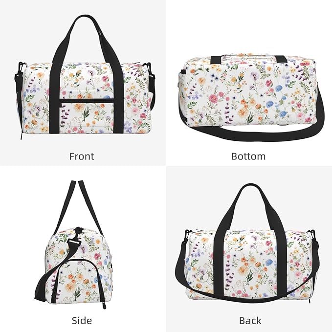 Spring Wildflower Meadow Flower Garden Greenery Women'S Gym Duffle Bag With Shoes Compartment, Ideal For Travel, Gym, Sports, Duffel, Weekender