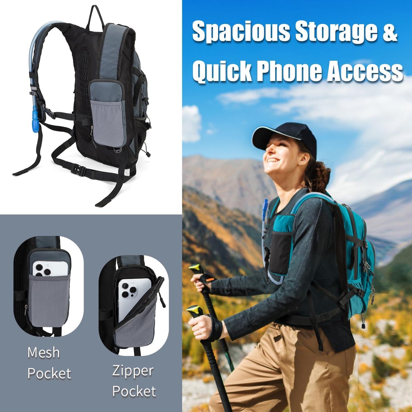 Hydration Backpack Pack with 2L Water Bladder 18L Hiking Backpack Women Men Lightweight Hydropack Insulated Daypack for Biking, Running, Festival