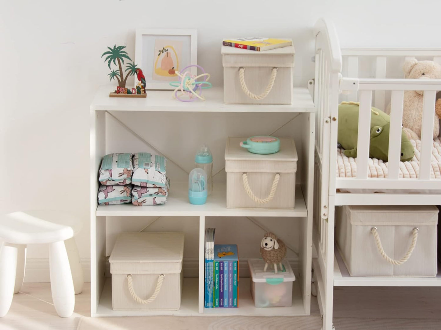 StorageWorks Storage Bins with Lids, Decorative Storage Boxes with Lid and Soft Rope Handles, Foldable Storage Baskets for Closet, Shelves, Stackable, 3-Pack, Ivory and White, Medium
