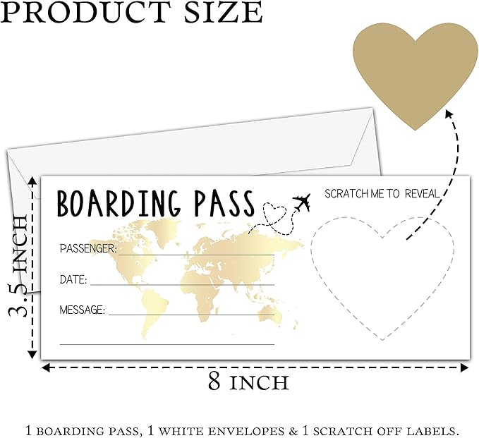AWSICE Scratch Surprise Boarding Pass, 1 Set Make Your Own DIY Travel Ticket, Surprise Reveal Card for Holiday, Christmas, Wedding, Birthday, Anniversary, Party Supply(3.5"x8" Gold)-A001