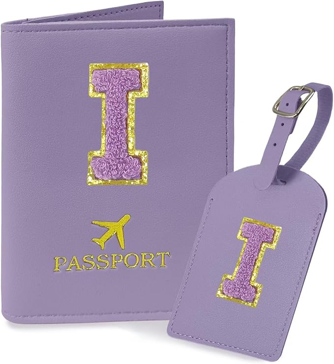 COSHAYSOO Initial Passport Cover Luggage Tag Set Letter Passport Holder Airplane Cruise Travel Essentials Vacation Traveling Accessories Personalized Gifts for Women Teen College Girls Purple I
