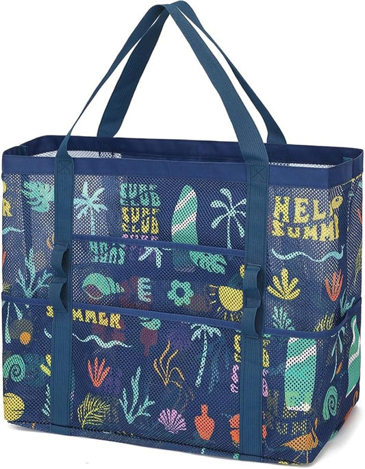 Mesh Beach Bag, Large Beach Tote with Zipper Pocket, Toys Pool Bag for Family Travel Vacation Cruise Essentials