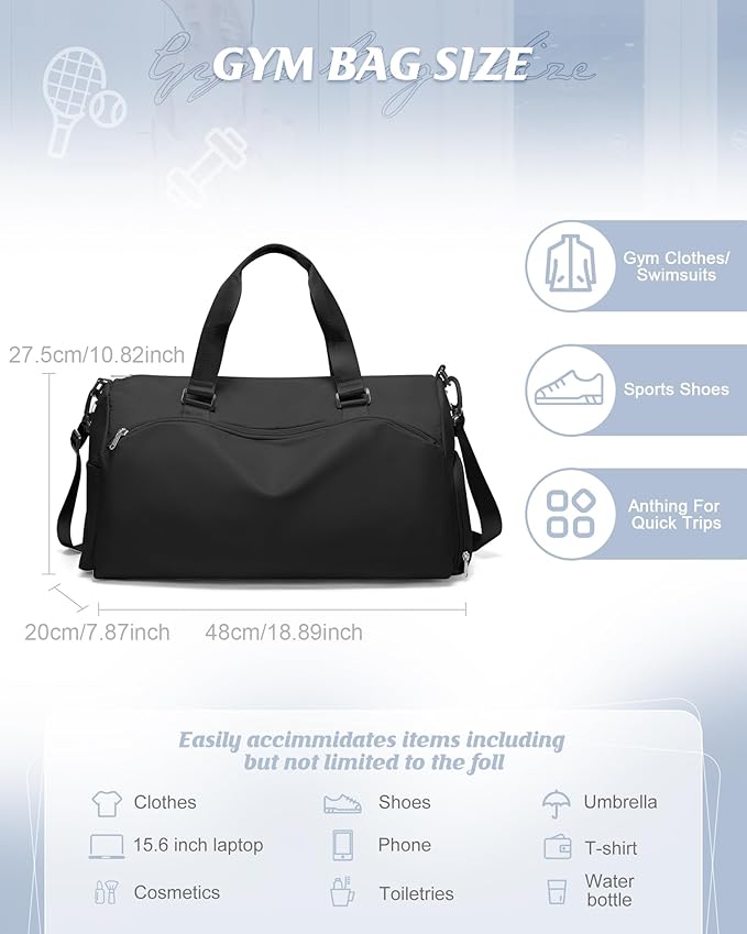 Gym Bag for Women with Shoe Compartment Lightweight Travel Duffle Bags Carry on Bag Overnight Weekender Duffel Bag with Wet Pocket Personal Item Travel Bag Tote Bag Workout Dance Bag Black