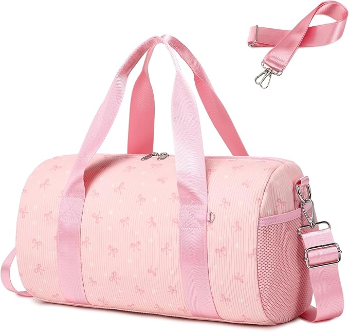 Dance Ballet Bag for Girls Small Duffle Ballerina Bags with Waterproof Dry Wet Separated Compartment Corduroy Bow Dance Bag for Girls 4-6 Pink