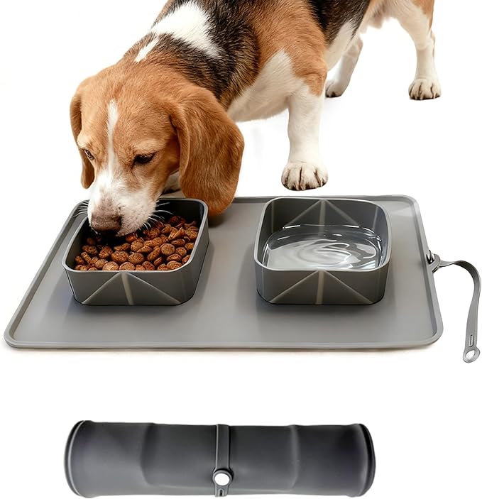 Silicone Collapsible Dog Bowl,2-in-1 Travel Dog Bowls Portable Pet Food & Water Bowls for Walking Camping Hiking Traveling with Storage Bag (Grey)