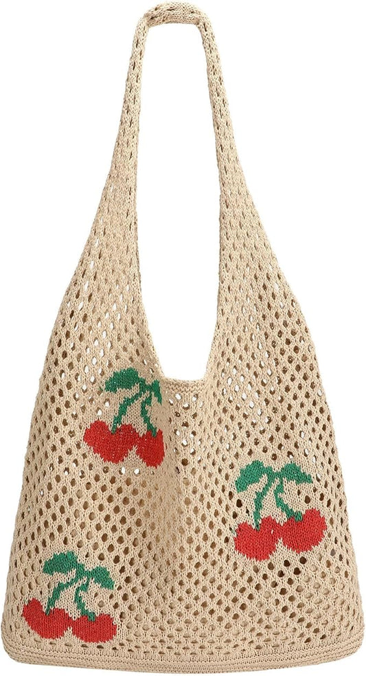 SUOSDEY Crochet Mesh Beach Tote Bag, Knit Summer Vacation Aesthetic Boho Tote Bag for Women