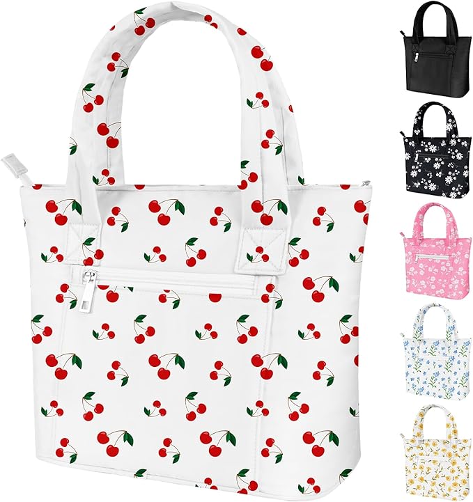Tote Lunch Bag Women Stylish Quilted Lunch Boxes for Adult Fit and Fresh Cooler Insulated Lunchbox for Work Large 10 Liters Cute Compact Lunchbag Waterproof Cherry