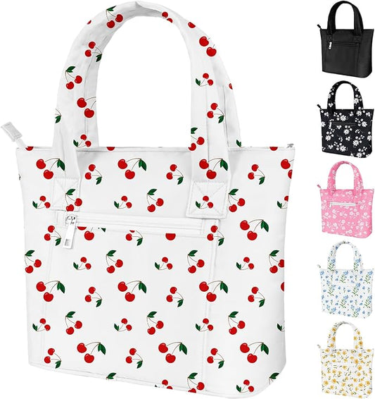 Tote Lunch Bag Women Stylish Quilted Lunch Boxes for Adult Fit and Fresh Cooler Insulated Lunchbox for Work Large 10 Liters Cute Compact Lunchbag Waterproof Cherry