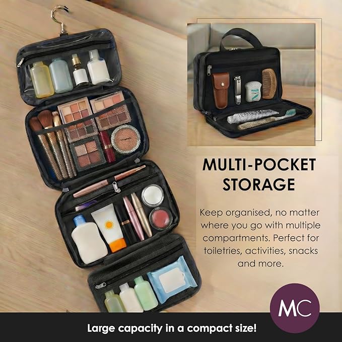 Travel Toiletry Bag for Men & Women, Large Capacity Makeup Organizer & Cosmetic Bag, Water-Resistant Portable Essentials Case with Metal Hook & Carry Handle - Perfect for Travel Use (Black, Small)