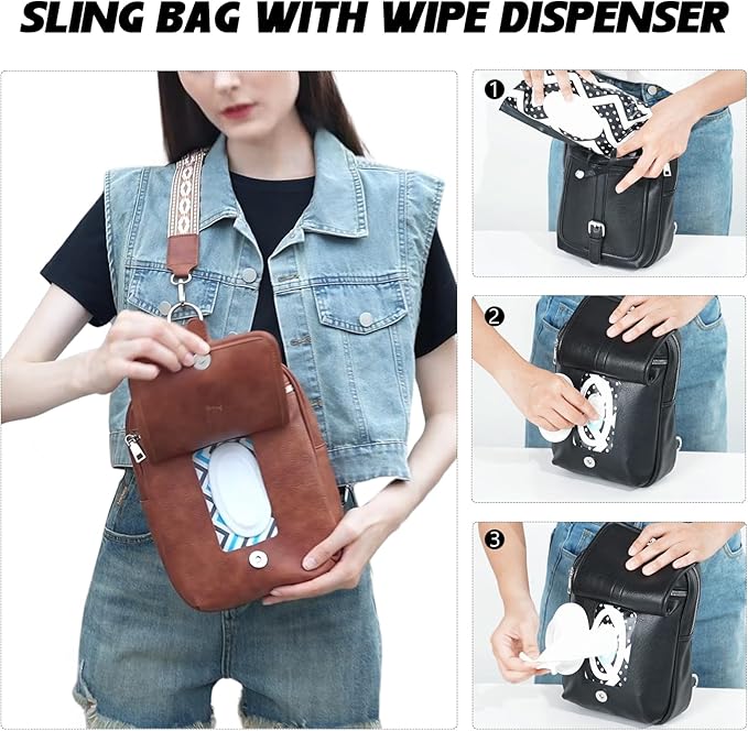 MYHOZEE Small Diaper Bag Crossbody Sling Purse for Women - 2 in 1 Leather Backpack with 2 Straps for Short Trips Work Daily | Mini diaper bag, Instant Wipes pocket, Adjustable Straps, Credit card slot, Moms and dads, Reusable Wipe pouchs