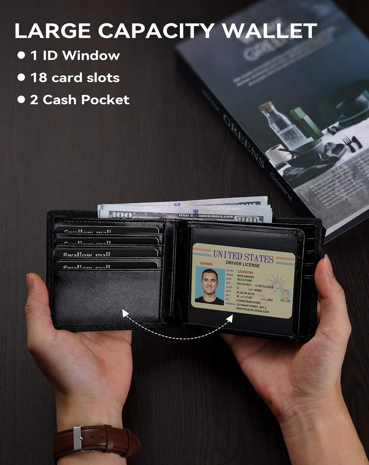 Swallowmall Mens Wallet Rfid Blocking Leather Wallet for Men Bifold Wallet Leather with 1 ID Window 16 Card Slot