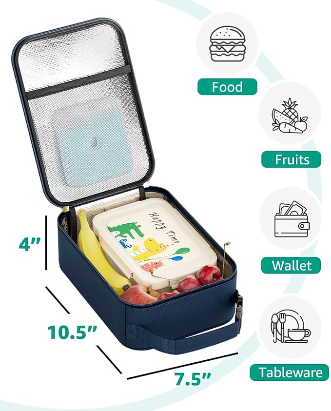 HowFly Small Lunch Bag - Insulated Lunch Box Bag for Women Men - Portable Thermal Reusable Meal Cooler Bags with Buckle Handle for Work School - Navy Blue