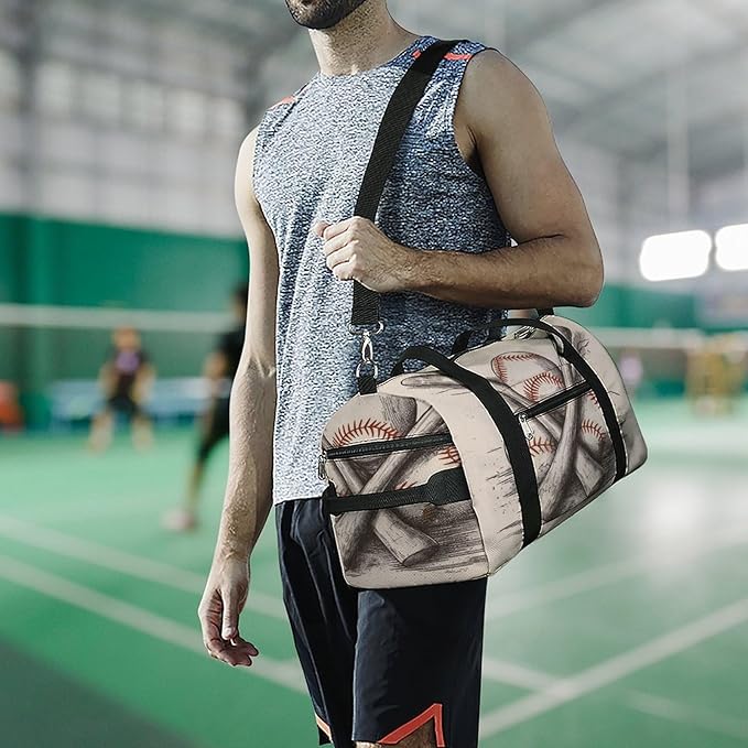 Oxford Cloth Hand Drawn Baseball Bats And Ball Gym Bag,Duffle Bag with Shoes Compartment And Adjustable Shoulder Straps，Weekender Bags for Men Women.