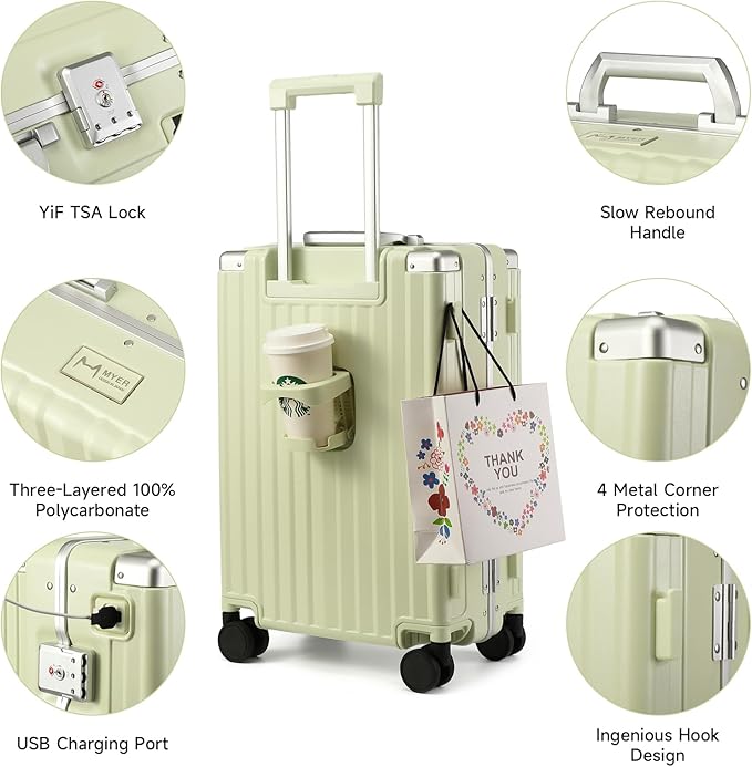 MYER Hard Case 24 Inch Checked Luggage with Spinner Wheels,Aluminum Luggage with 100% 3-Layer PC,Hard Shell Suitcases with Wheels,Cup Holder and USB Port (Vanilla Green, 24 inch)
