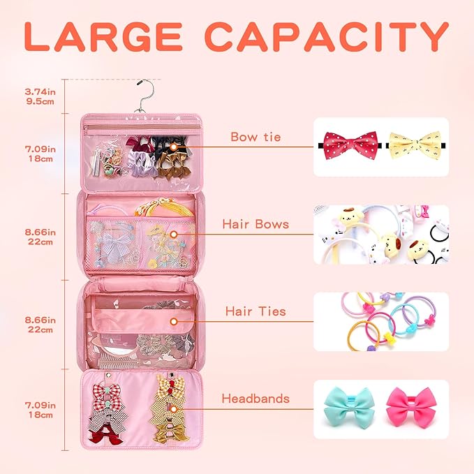 Hair Accessories Organizer for Girls, Hanging Hair Bow Storage Bag for Girls Hair Clips, Travel Organizer With Hair Clips, Headbands, Scrunchies & Ties - Empty Bag (Pink)
