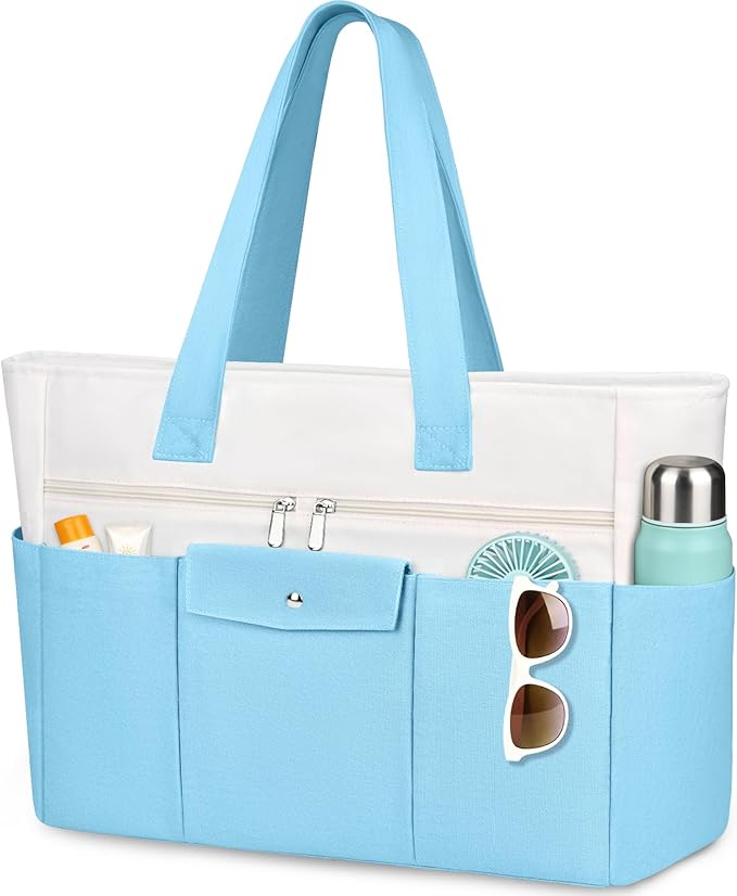 Beach Bags for Women Large Canvas Beach Tote with Zipper Wet Pocket, Waterproof Foldable Swim Pool Travel Tote Bags