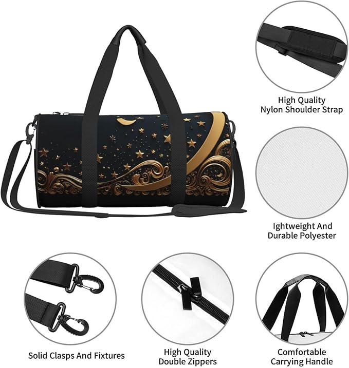 Golden background and crescent moon Sports Gym Bag for Women Men Travel Duffel Bag Tote Weekender Bag Canvas Carry on Overnight Bag for Travel Swimming Fitness Workout Sports Duffle Bag