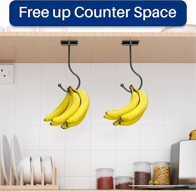 Under Cabinet Banana Hook Foldable - Adhesive Banana Holder, Foldable with Magnets When Not in Use, Under Counter Banana Hook, Stainless, Hold 13 LB, Black
