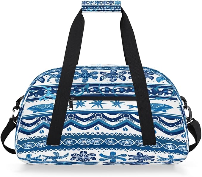 Duffle Bag for Women Men, Nautical Turtle Whale Stripe Gym Bag for Travel Sports, Lightweight Waterproof Weekender Overnight Bags with Adjustable Strap