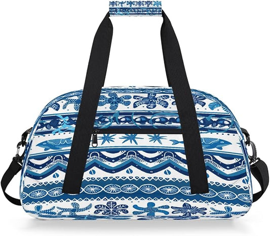 Duffle Bag for Women Men, Nautical Turtle Whale Stripe Gym Bag for Travel Sports, Lightweight Waterproof Weekender Overnight Bags with Adjustable Strap
