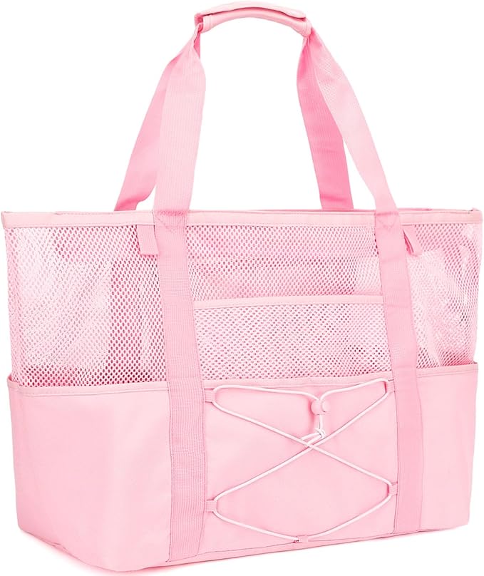 Mesh Beach Bag, Large Beach Tote with Zipper Pocket, Toys Pool Bag for Family Travel Vacation Cruise Essentials
