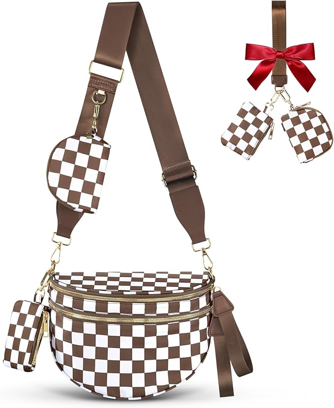Cross Body Bag for Women Checkered Crossbody Bags Bum Bags for Women Fanny Packs for Girls Small Nylon Checkered Purse Trendy Shoulder Bag (Checkered White Brown, One Size)