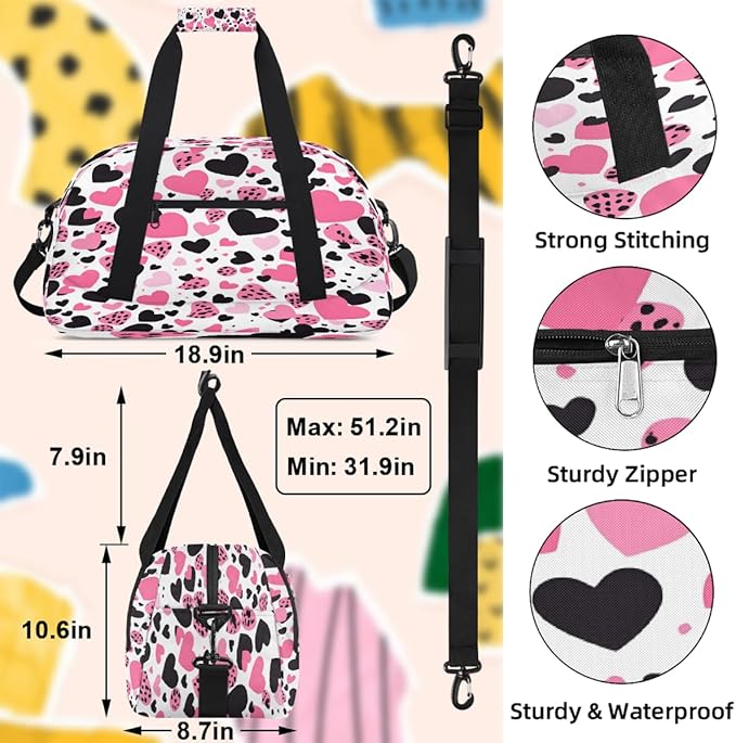 Pink And Black Leopard Print Hearts Sports Duffel Bags, Water-Resistant Gym Duffle Bag for Men Women, Lightweight Weekender Overnight Bag for Fitness, Workout, Travel