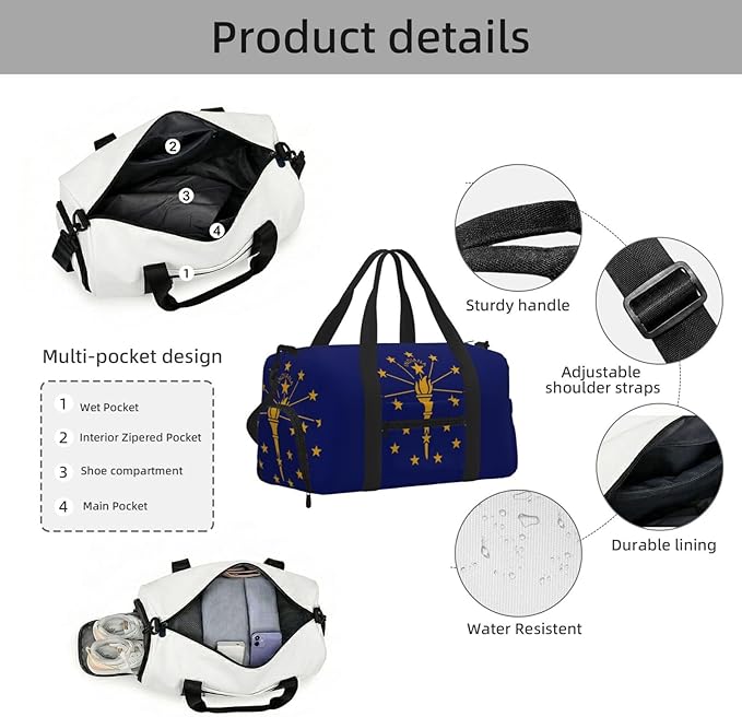 Indiana State Flag Print Gym Bag with Shoe Compartment for Women Men, 17.7in Sports Duffle Weekender Tote, Overnight Travel Duffel Bag Carry On