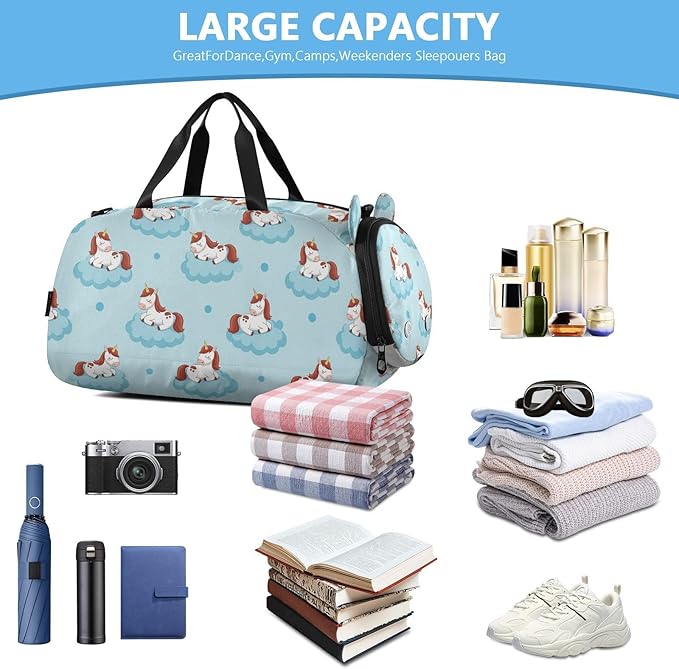 VIGTRO Cute Unicorn Sleeping Clouds Kids Overnight Travel Duffel Bag Sport Gym Bag for Boys Girls with Shoe Compartment, Carry On Weekender Luggage Bag for Dance Swim Yoga