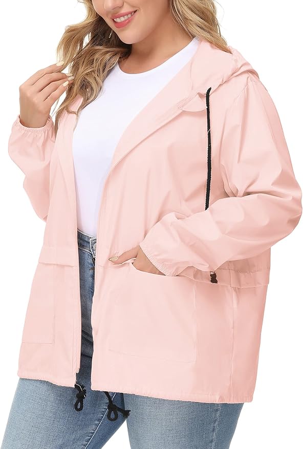 Avoogue Plus Size Raincoat Women Waterproof Rain Jacket Packable Outdoor Hooded Windbreaker