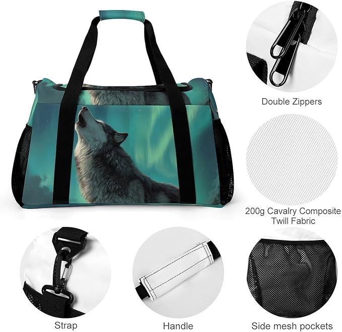 Wolf Howling Moon Northern Lights Duffle Bag Gym Bag for Workout Travel Tote with Detachable Straps