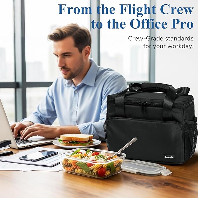 Gloppie Flight Crew Lunch Bag with Luggage Trolley Sleeve - Professional Insulated Cooler Bag for Flight Attendants & Pilots, Leakproof Lunch Box with Reinforced Structure for Travel & Work, Black XL