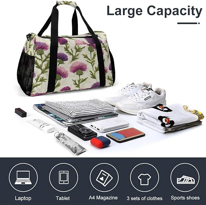 Scottish Thistles Flower Duffle Bag Gym Bag for Workout Travel Tote with Detachable Straps