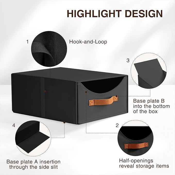 Closet Organizers and Storage - Large Stackable Storage Bins with Drawer, Fabric Bins for Organization, Collapsible Storage Drawers Organizer for Bedroom, Living Room, 4 Pack, Black