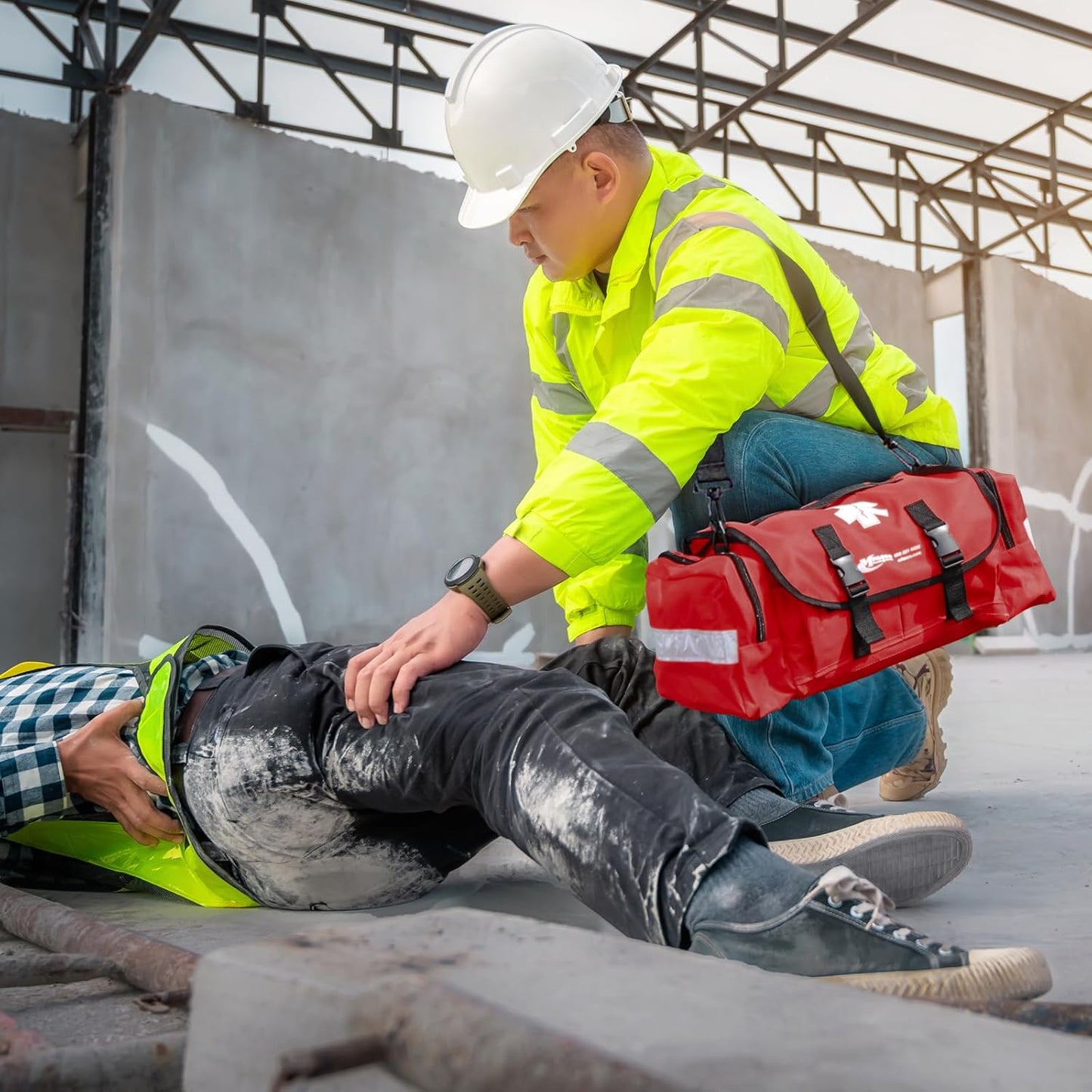 MFASCO First Aid Kit - Fully Stocked Portable Reflective Bag -First Responder Emergency Response Kit -for Natural Disaster Preparedness - Customizable Storage -Includes 415 Pcs First Aid Supplies- Red