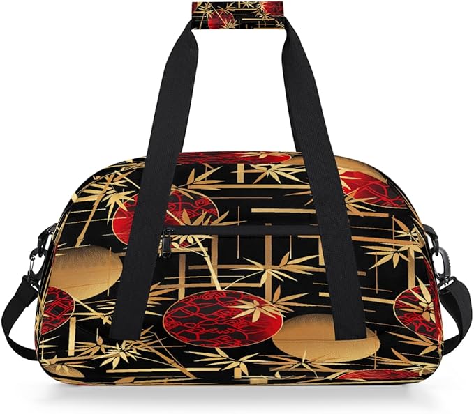 Duffle Bag for Women Men, Red Bamboo Pattern Gym Bag for Travel Sports, Lightweight Waterproof Weekender Overnight Bags with Adjustable Strap