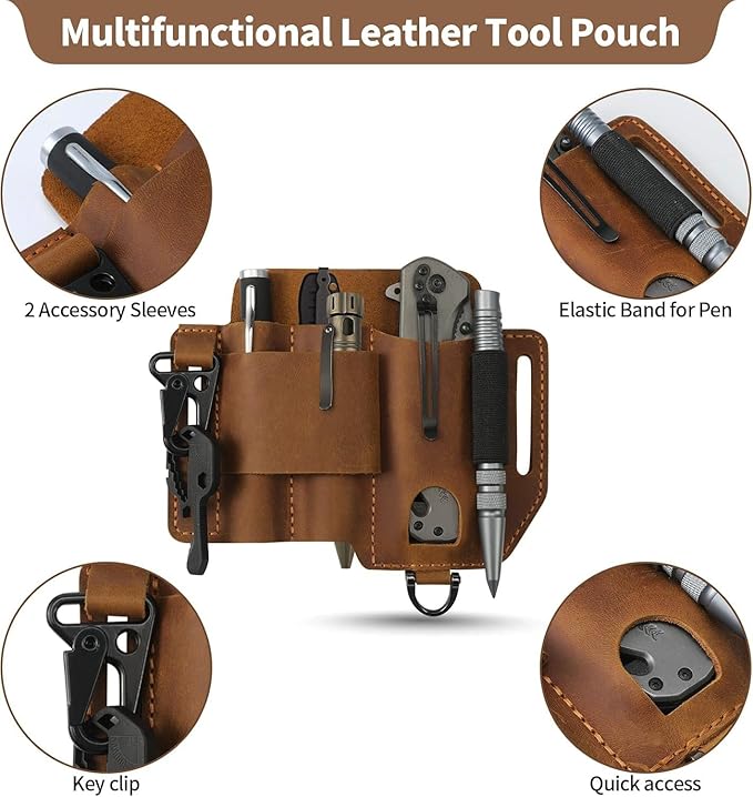 Jack&Chris Leather EDC Multitool Sheath for Belt, EDC Belt Organizer for Leatherman Tools, EDC Pocket Organizer for Men with Pen Holder, Key Fob, Flashlight Sheath