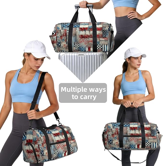 USA Flag Patchwork Print Gym Bag with Shoe Compartment for Women Men, 17.7in Sports Duffle Weekender Tote, Overnight Travel Duffel Bag Carry On