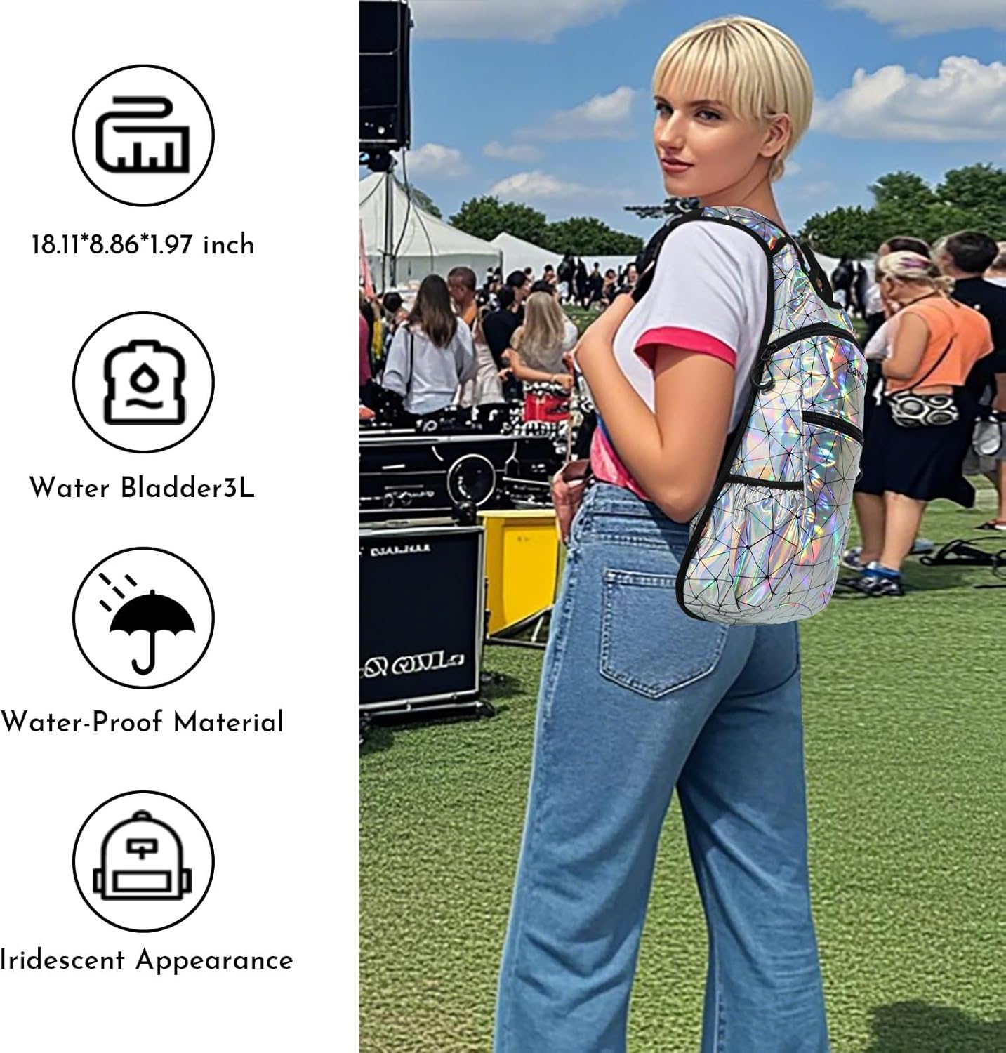 Reflective Hydration Backpack, Hydration Pack - Water Backpack with 2L/3L Hydration Bladder, Essential for Festivals - Rave Hydration Pack for Hiking, Running, Cycling, and Festivals