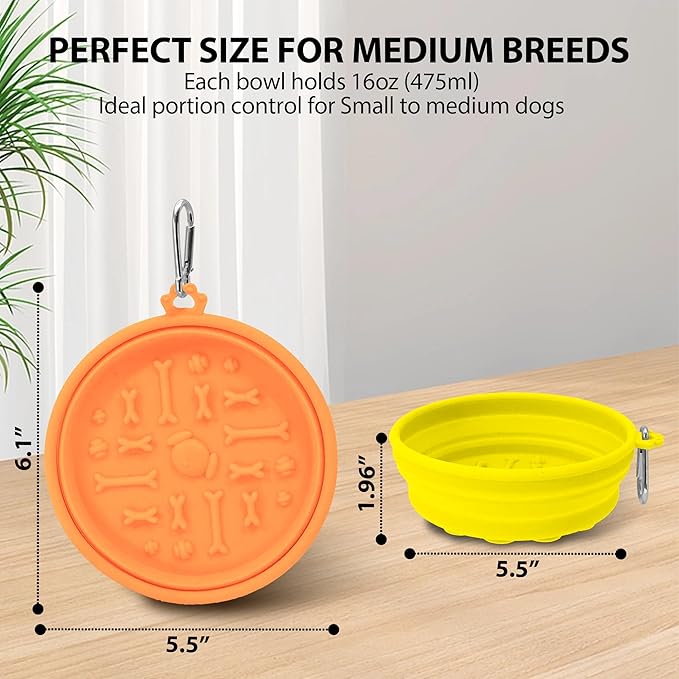 PawSailor 2-Pack Collapsible Dog Bowls with Suction Cups & Scraper - 16oz Travel Pet Bowls for Food/Water, Non-Slip Feeding Dish for Dogs, Includes Carabiner Clip Orange&Yellow