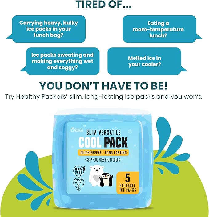 Healthy Packers® Slim Reusable Ice Packs for Lunch Boxes Kids and Adults | Long‑Lasting Thin Freezer Packs for Coolers, Bento Boxes, Lunch Bags, Travel, School Meals, and Meal Prep (5-Pack | Clear)